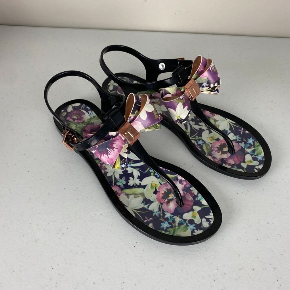 Ted Baker Effiey Jelly Sandals Floral Bow Thong Black‎ Girlie Preppy Luxury